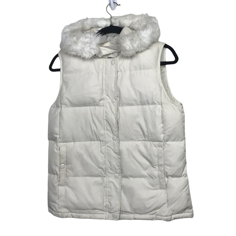 GAP Cream Puffer Vest with Faux Fur Hood